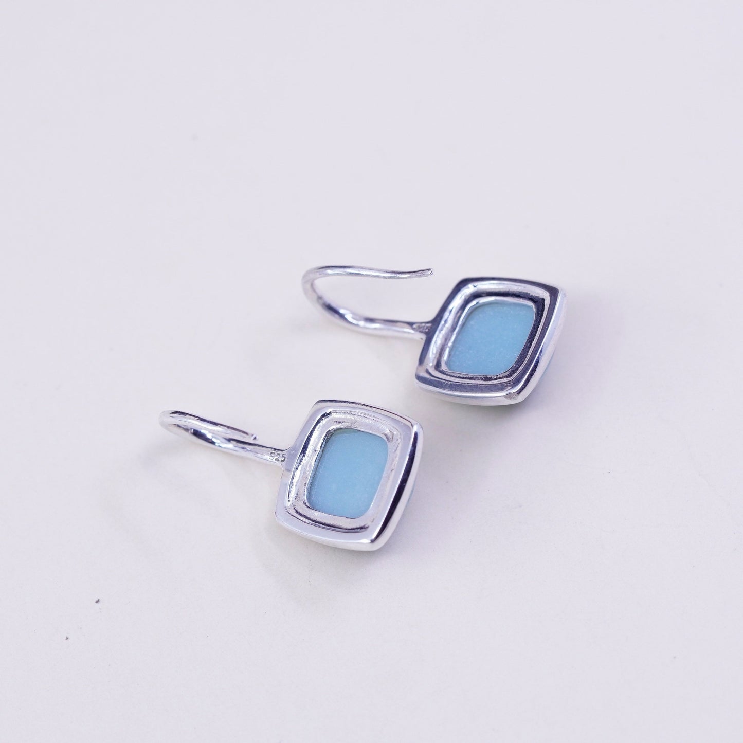 Vintage sterling silver handmade earrings, 925 with square jade, Stamped 925