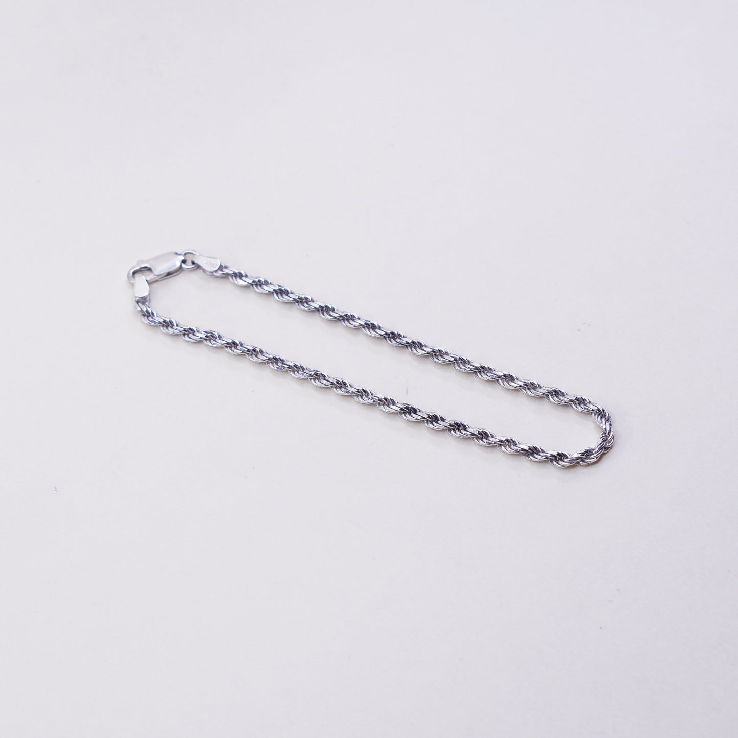 7.75”, 2mm, Vintage sterling 925 silver Italy rope chain bracelet