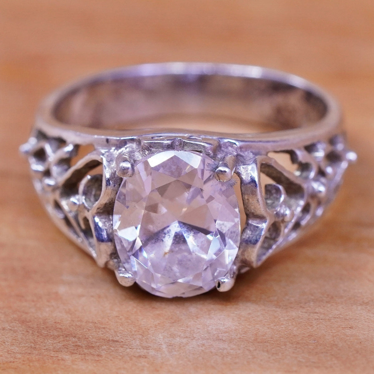 sz 7.25, kabana Sterling Silver Handmade ring, 925 filigree heart band with Cz