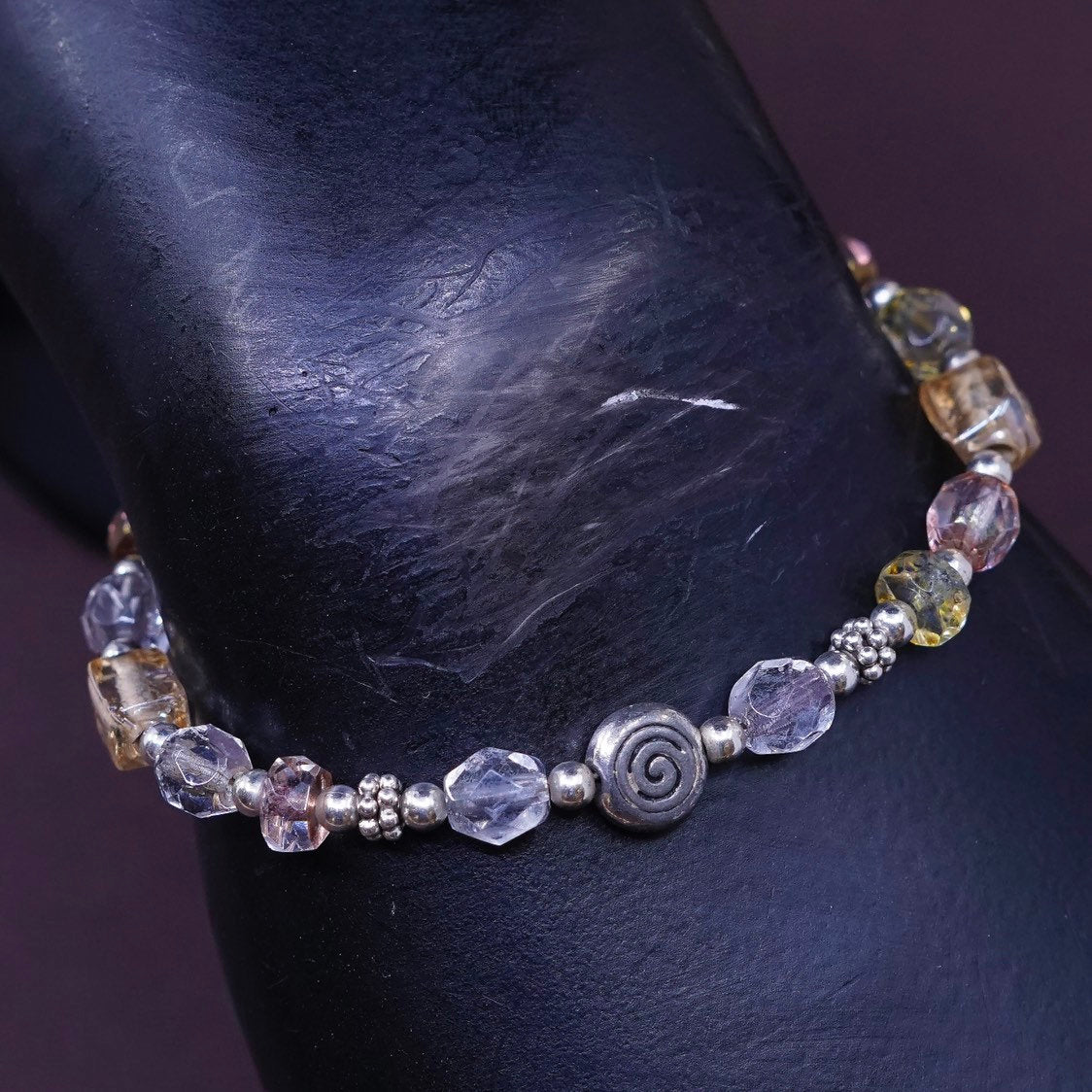 6.75", vtg Sterling silver handmade brown N yellow crystal beads bracelet