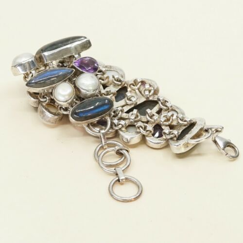 6.75”, Sterling Silver Handmade Bracelet, 925 W/ Labradorite, Pearl, Amethyst