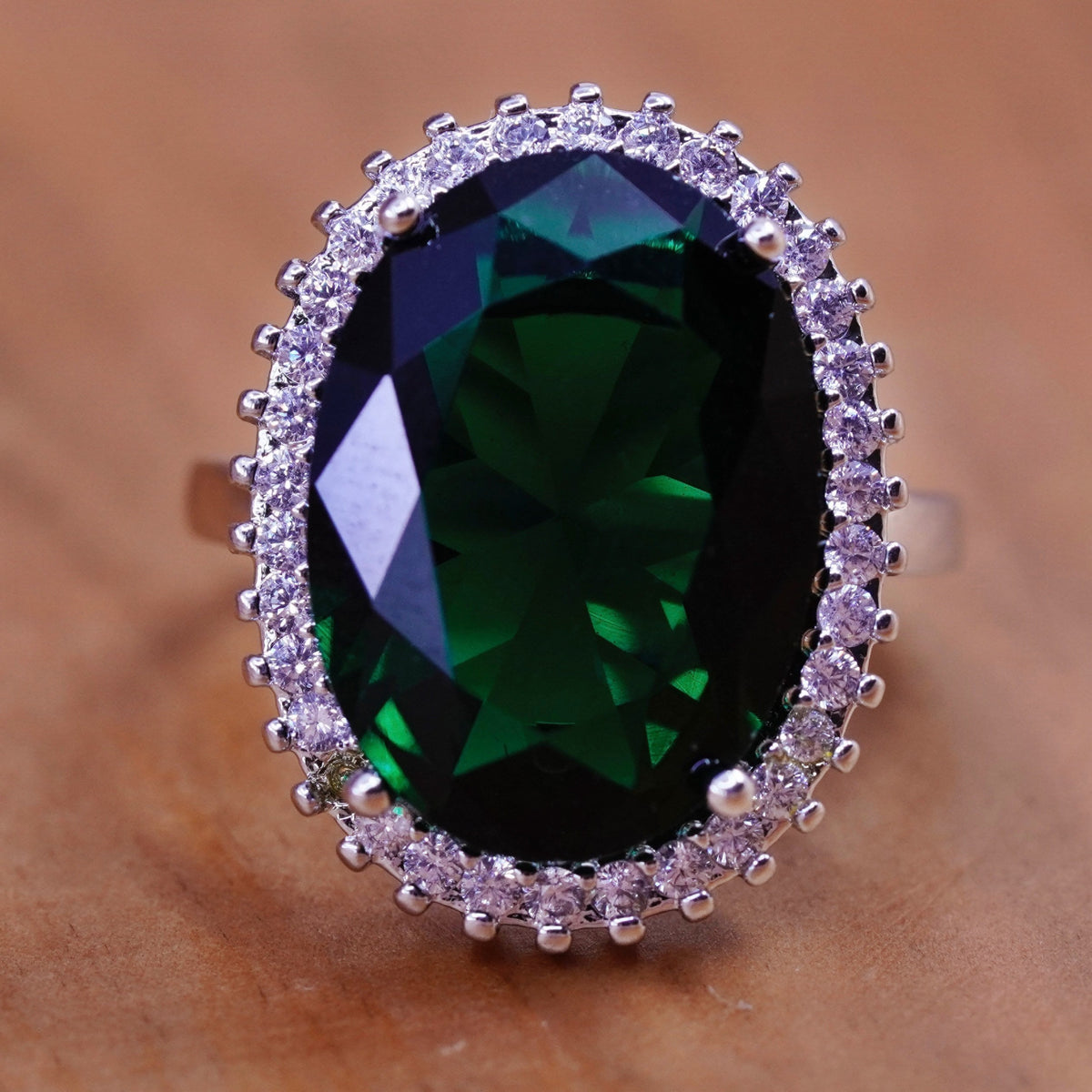 Size 7, vintage Sterling 925 silver handmade ring with oval peridot and cz