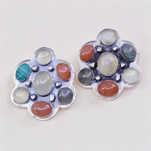 Vtg Jay King DTR Sterling Silver Handmade Cluster Gemstone earrings, 925 Studs