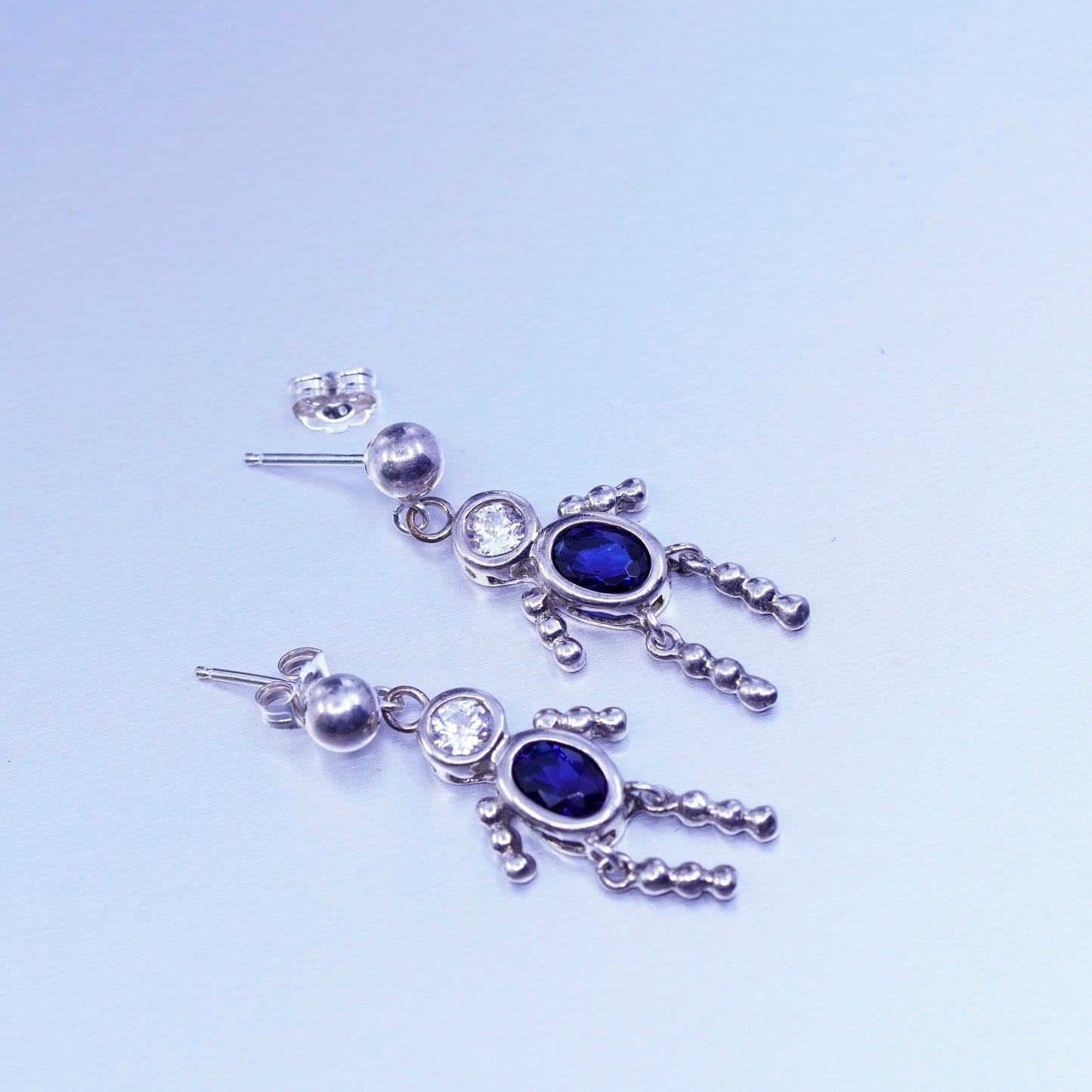 Vintage Sterling 925 silver handmade boy figures earrings with sapphire