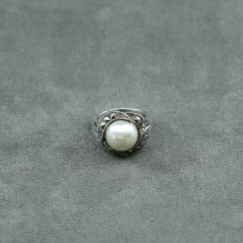 Sz 7, Vtg Sterling Silver Handmade Ring, 925 Silver W/ Faux pearl