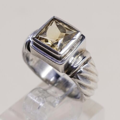 Sz 7, Vtg Sterling Silver handmade Ring, 925 Silver Ribbed Band W/ citrine