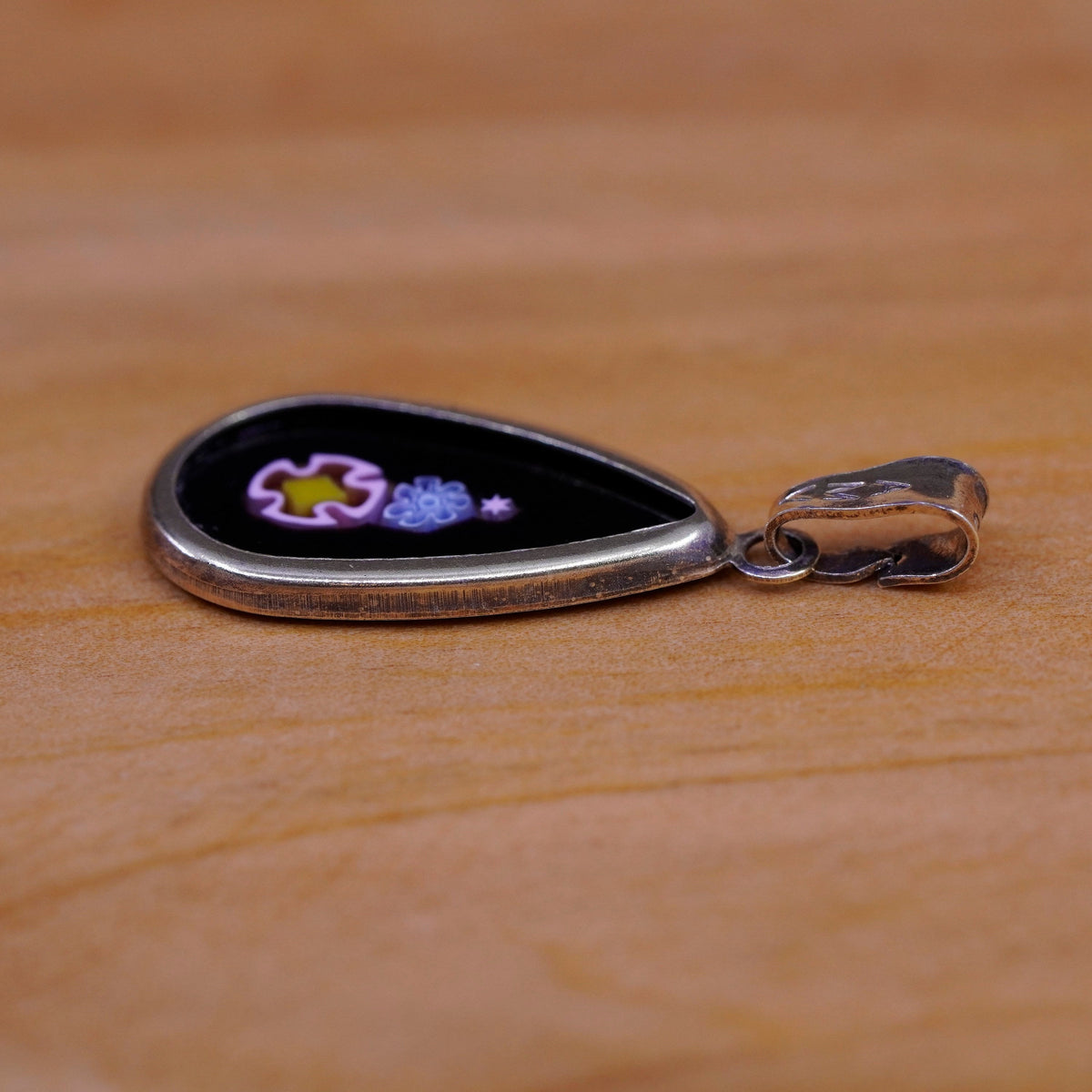vtg handmade Sterling silver multicolor pendant, Murano teardrop glass pendant