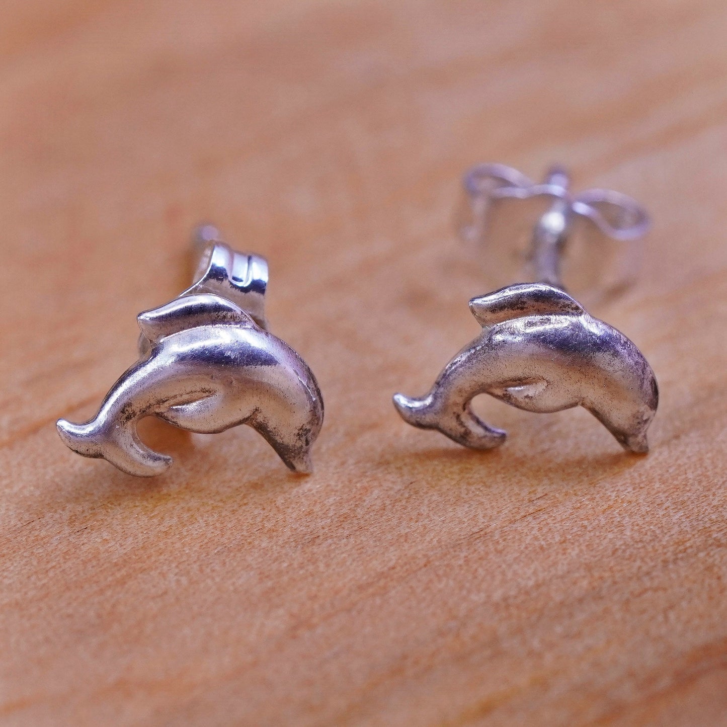 Vintage Sterling silver handmade earrings, 925 dolphin studs