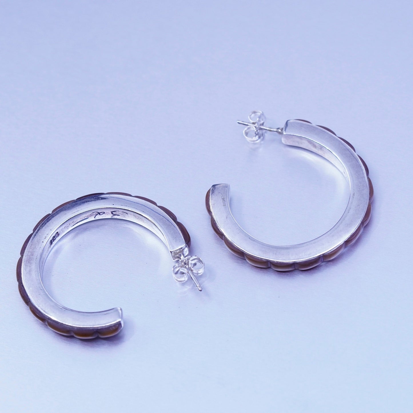 1.25”, vintage Sterling silver handmade earrings, 925 Huggie hoops with abalone