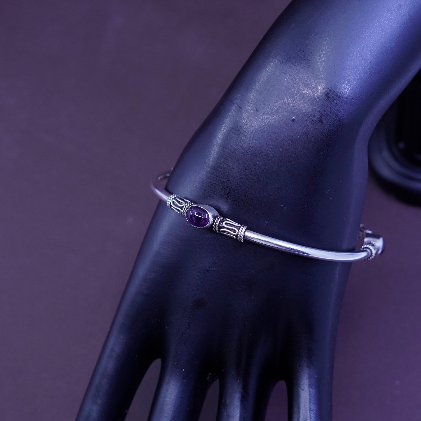 8.25”, southwestern Sterling silver handmade bracelet, 925 bangle with amethyst