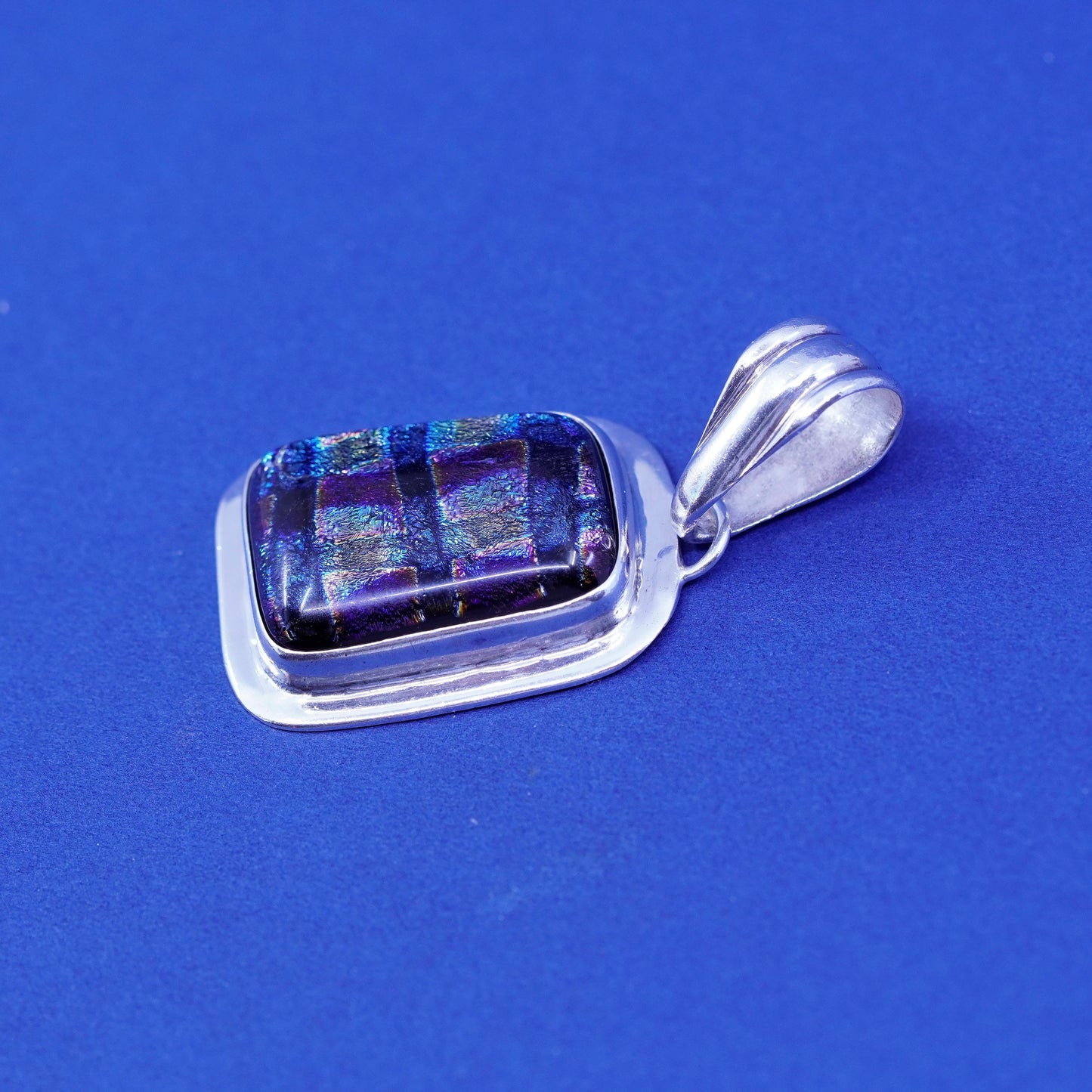 Vintage Mexico sterling 925 silver handmade pendant with blue dichroic glass