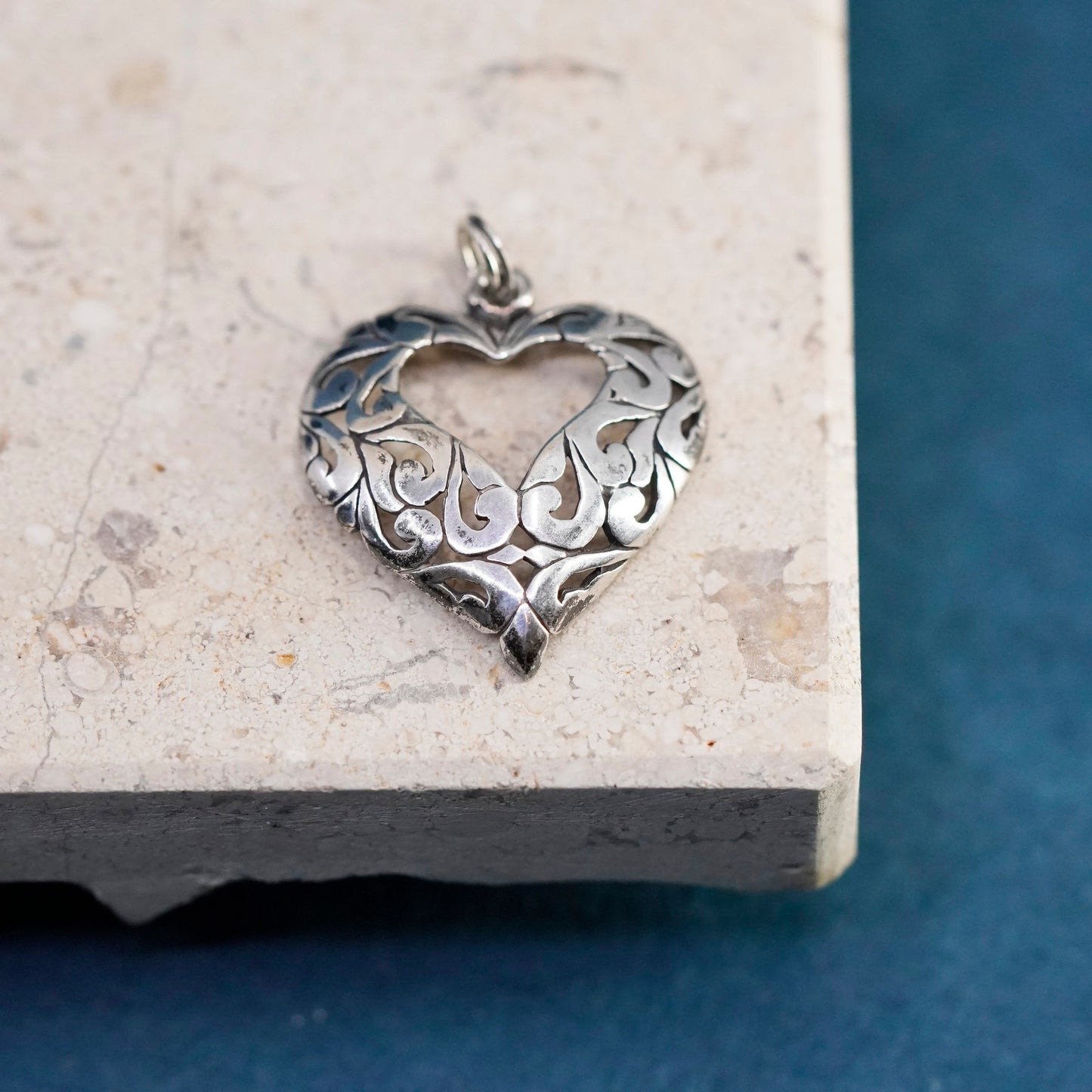 Vintage Sterling silver handmade pendant, 925 Jezlaine filigree heart