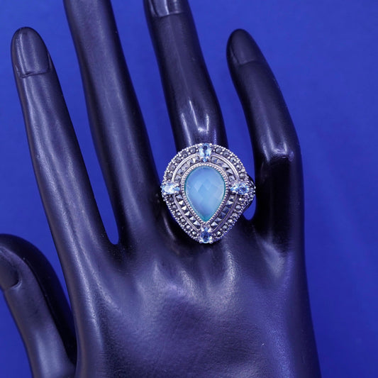 sz10, vtg 925 Sterling 925 Silver teardrop Chalcedony Cocktail Ring Marcasite