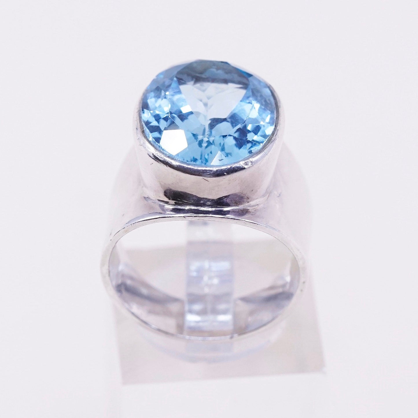 sz 7.5, vtg Sterling 925 silver handmade statement ring w/ blue topaz