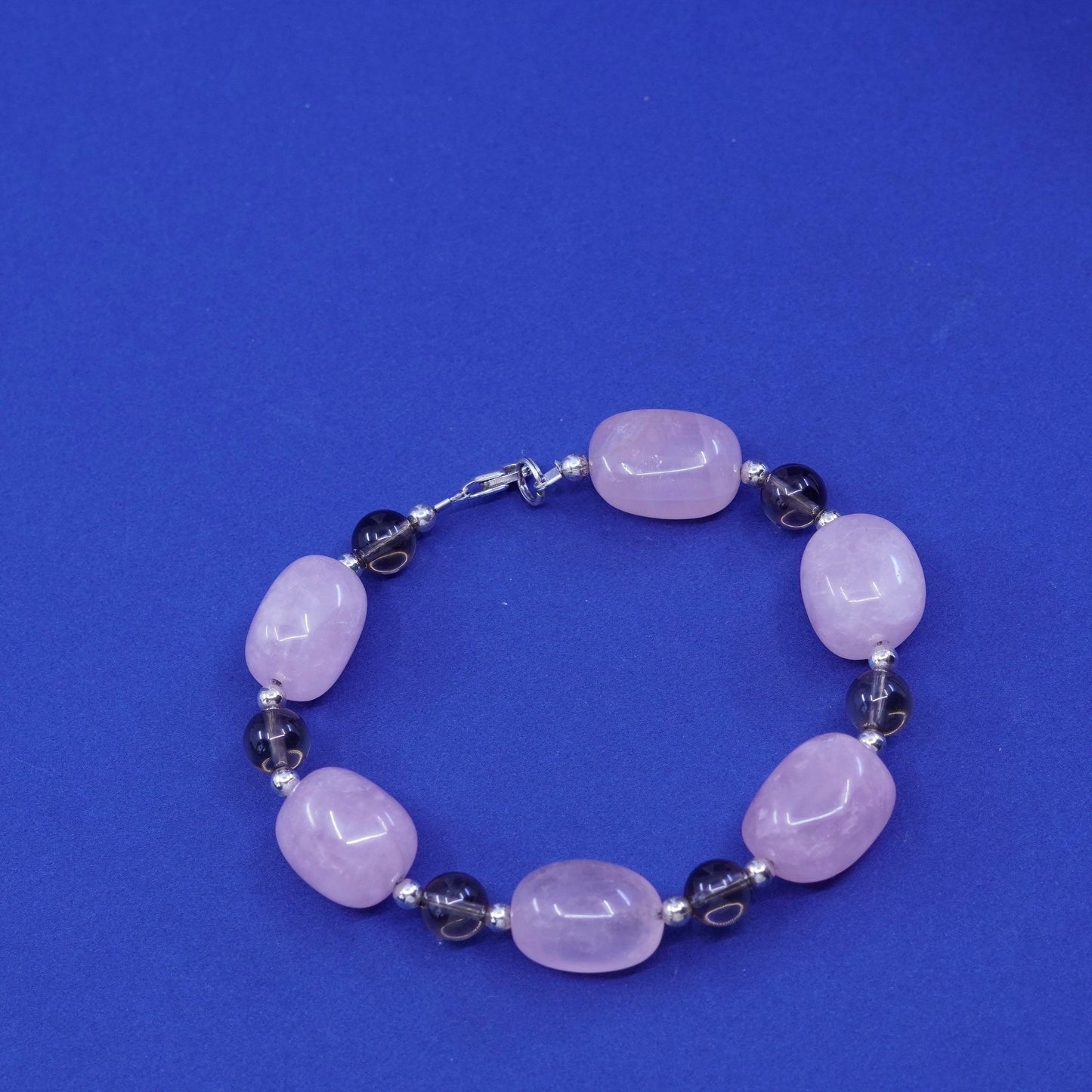 7.25”, sterling 925 silver handmade bracelet, nugget rose quartz with amethyst