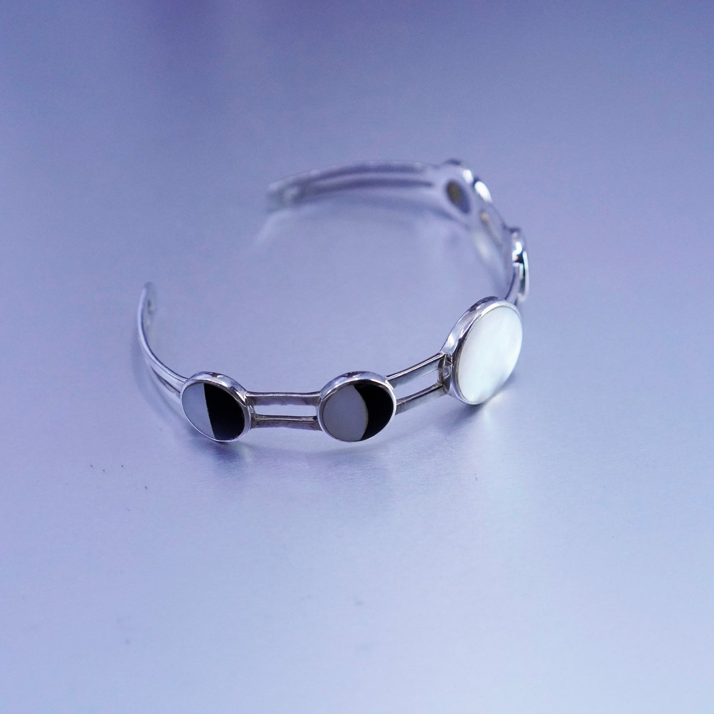7.25”, Sterling 925 silver handmade bracelet, moon phases cuff mother of pearl