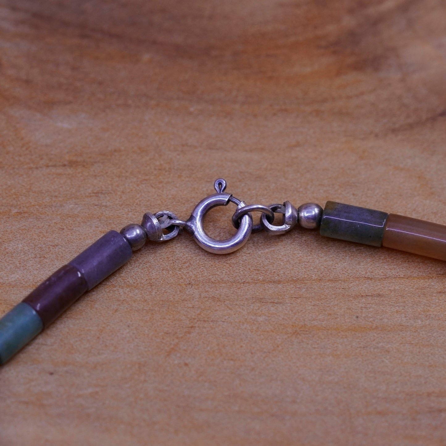 6.75”, Vintage Sterling 925 silver handmade bracelet with green jade tube