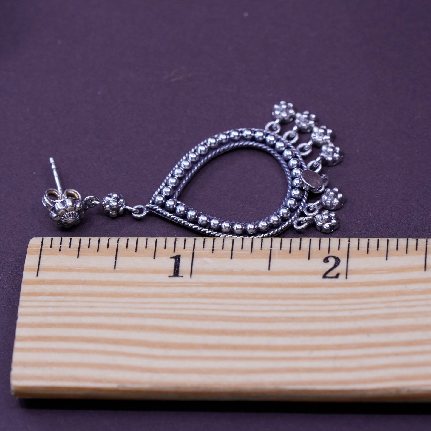 Sterling silver earrings, 925 teardrop with beads details and flower dangles
