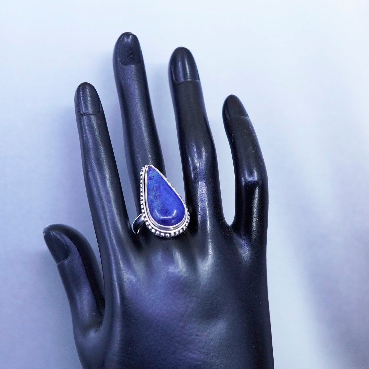 Size 8, Sterling 925 silver handmade ring with teardrop lapis lazuli and beads