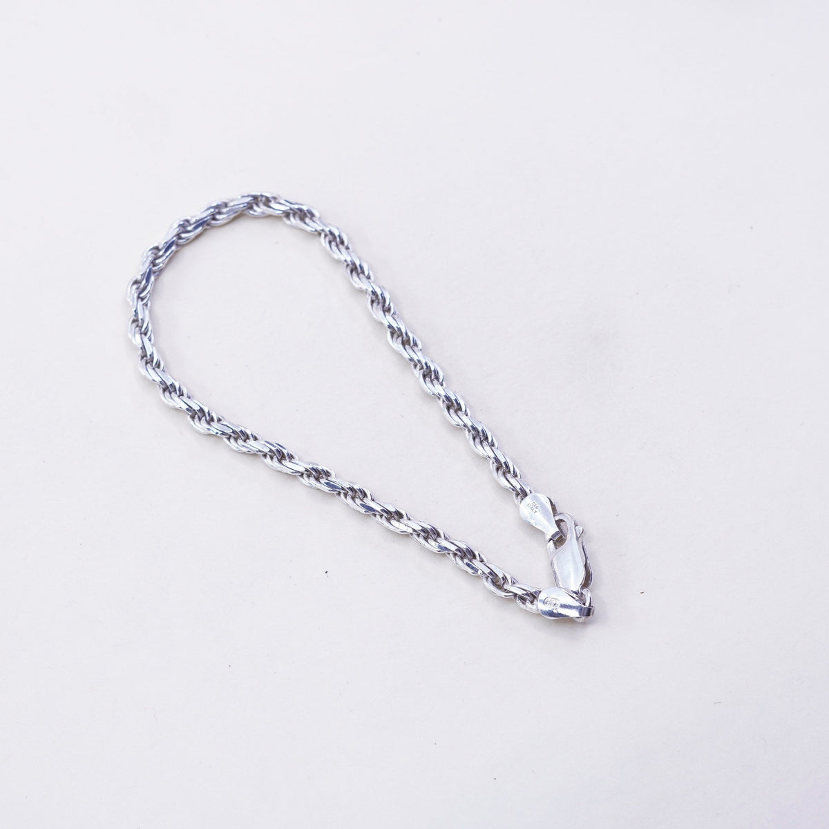 7”, 3mm, Vintage sterling 925 silver Italy rope chain bracelet