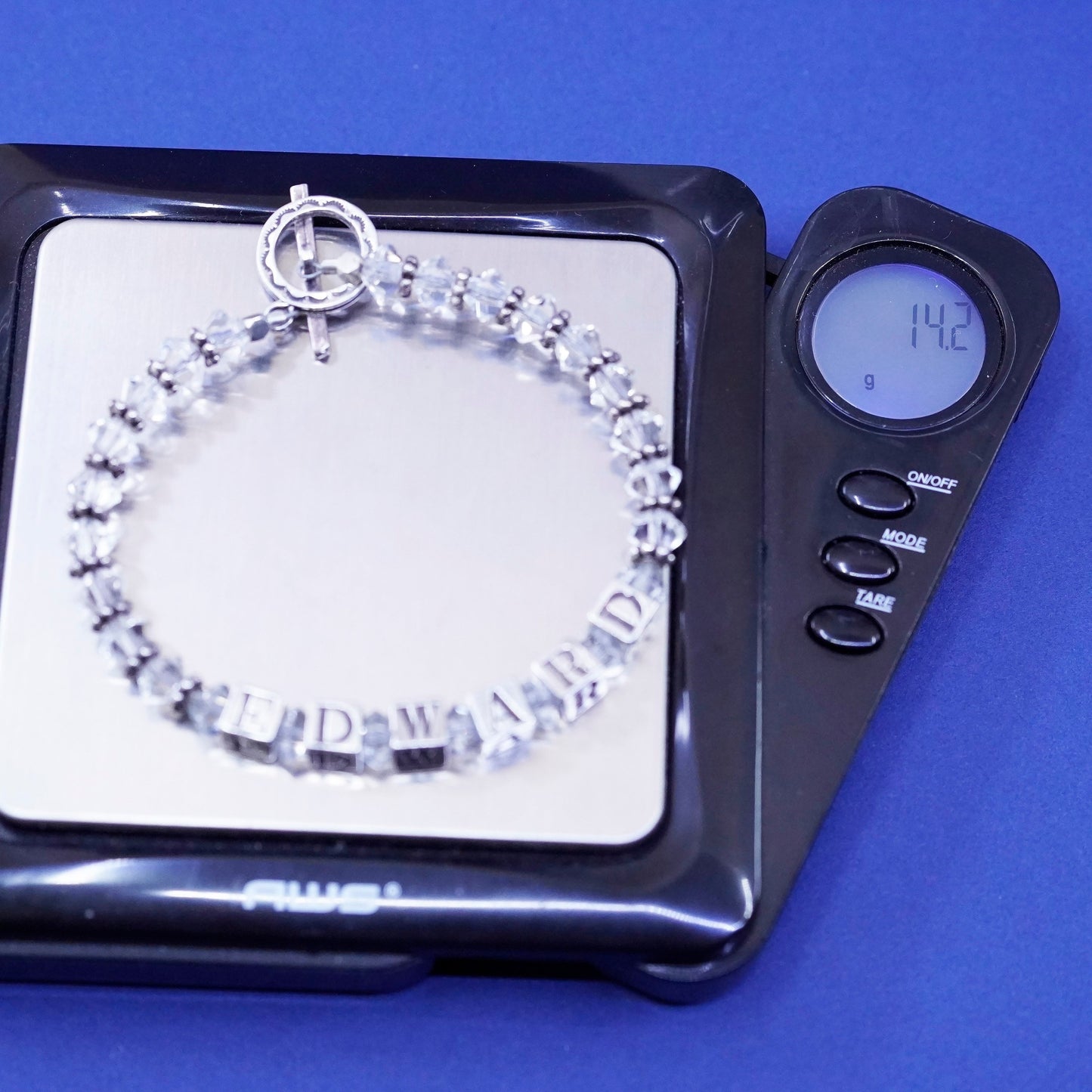 6.75”, Sterling silver handmade name “Edward” cube bracelet with crystal beads