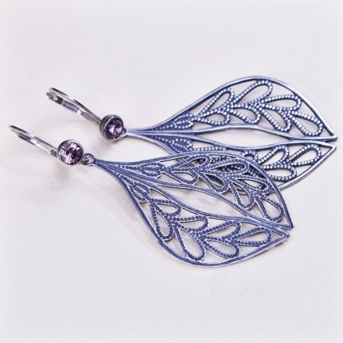 vtg Sterling 925 silver handmade earrings filigree leaf N Amethyst