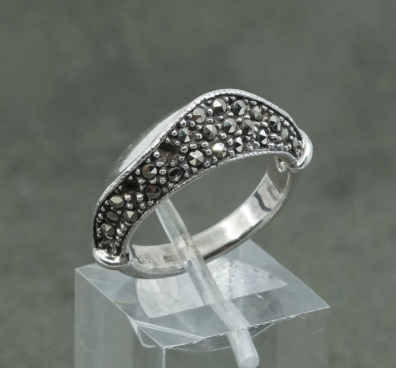 sz 6.25, vtg Sterling silver handmade ring, 925 wave w/ marcasite