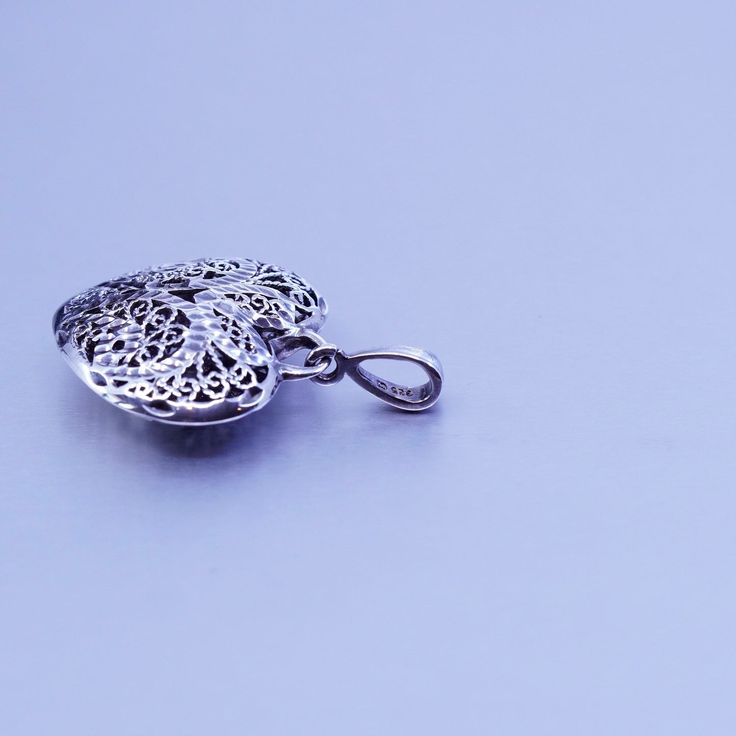 Antique Sterling silver charm, 925 puffy filigree heart pendant