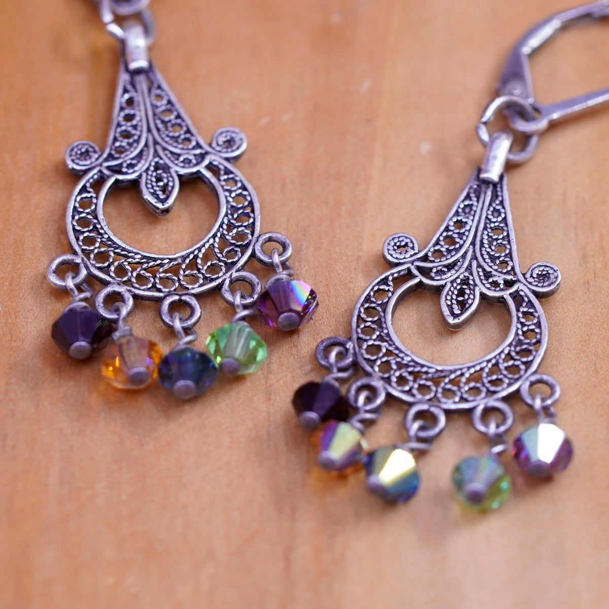 Vintage sterling silver handmade earrings, 925 teardrops filigree w/ gemstones
