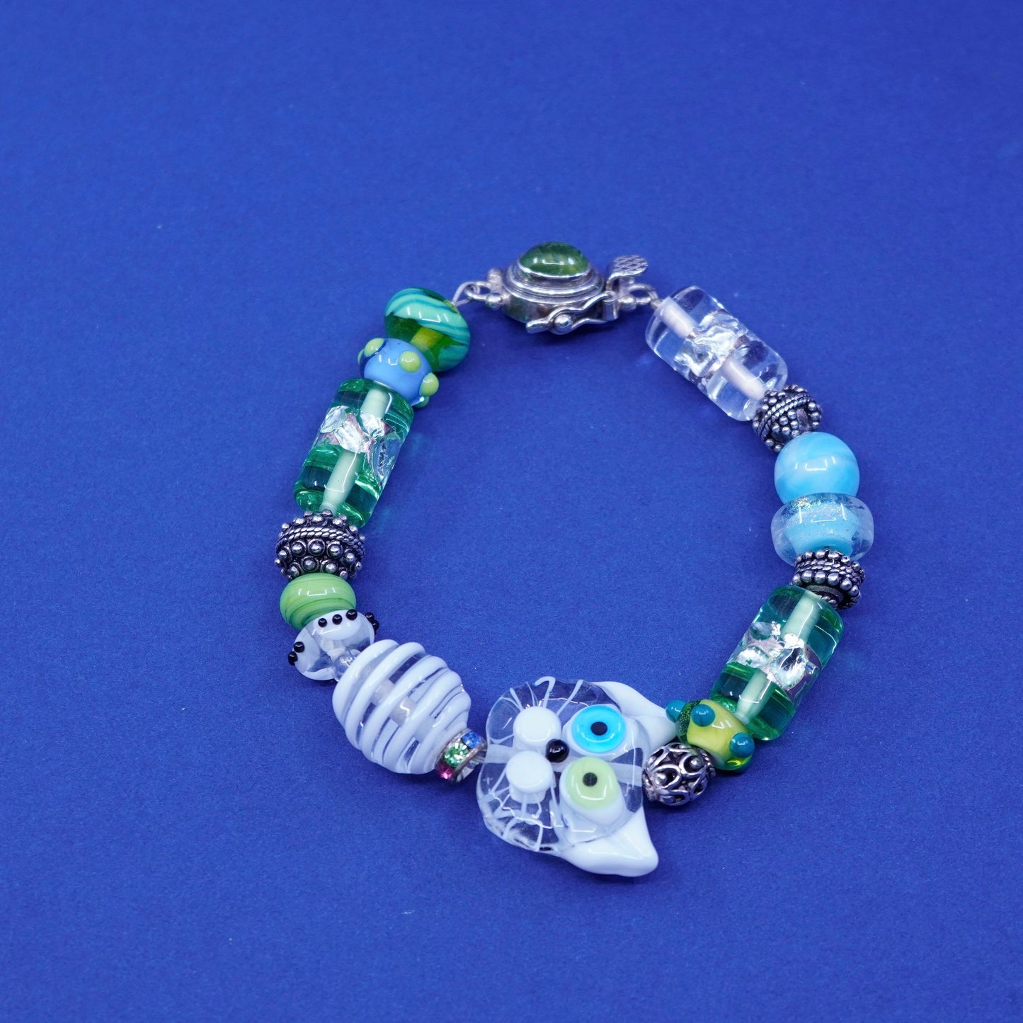 6.25”, Sterling 925 Silver handmade Lampwork Art Glass cat Toggle Bracelet