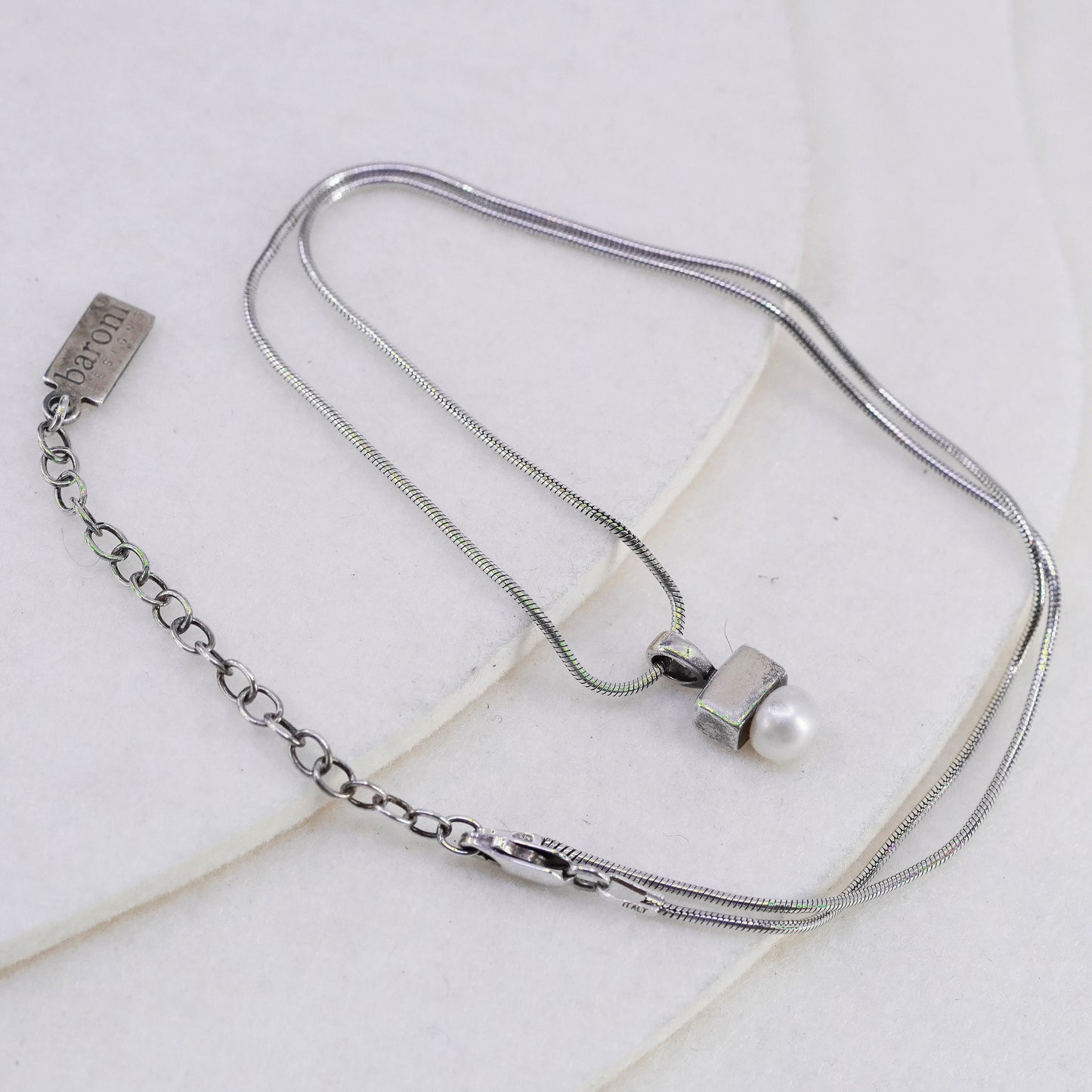 16+2”, Baroni Sterling 925 silver handmade snake chain necklace pearl pendant