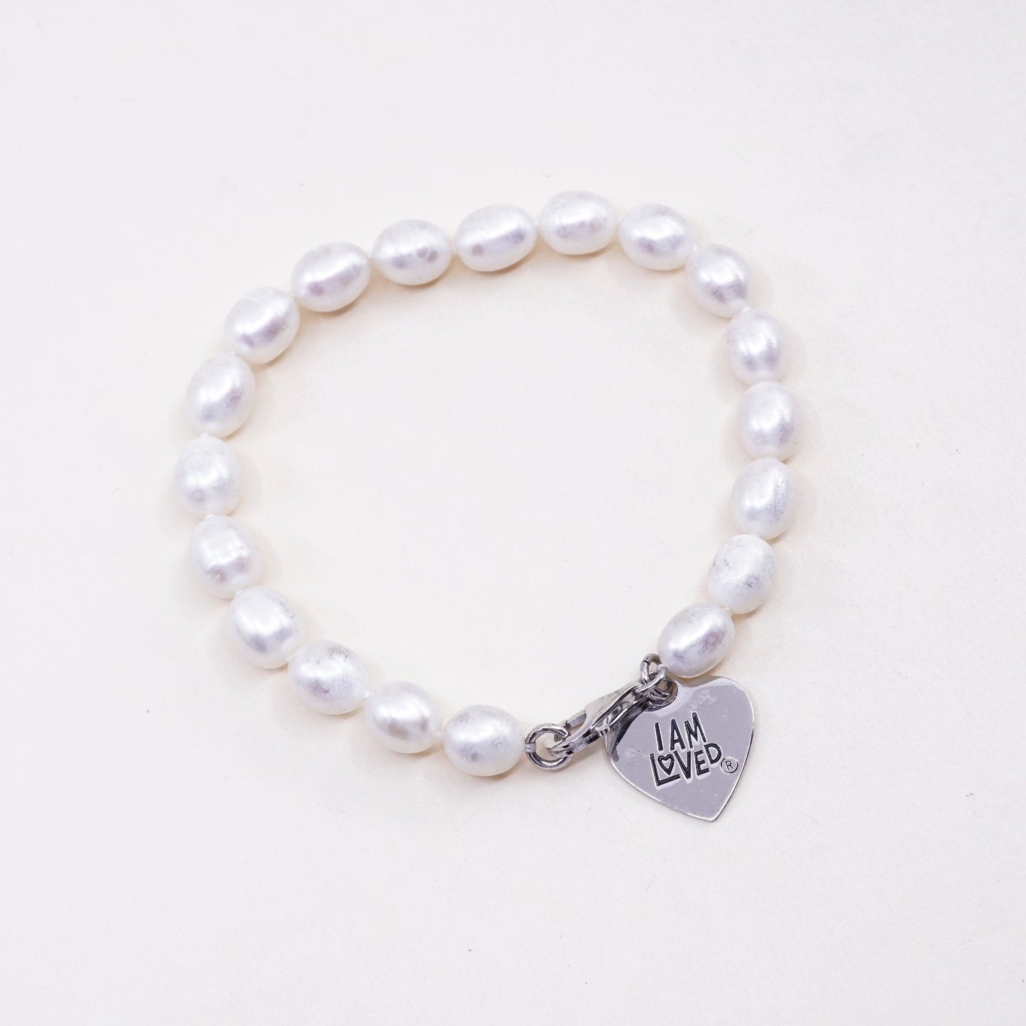 7”, vtg sterling silver bracelet, pearl beads with 925 heart charm “I am loved