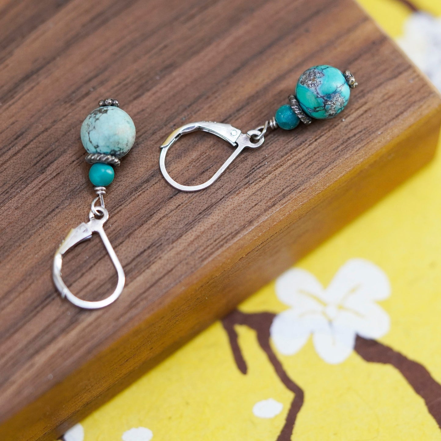 Vintage Sterling 925 silver handmade earrings with turquoise bead