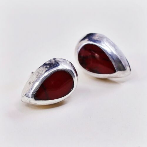 Vintage Mexico Sterling Silver Handmade Earrings, 925 Teardrop Studs W/ Jasper