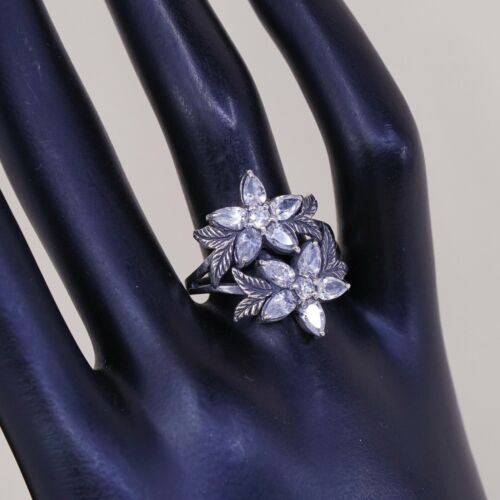 Size 8.25, Vtg Cadena Jewelry Sterling 925 Silver Handmade Flower Ring w/ Cz