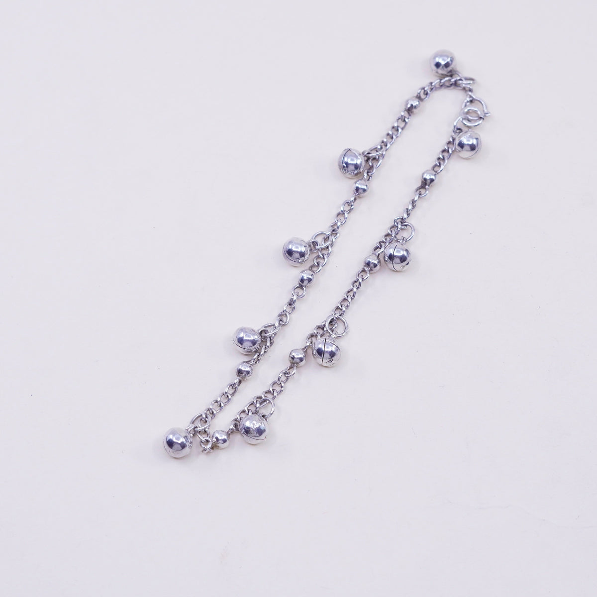 9”, Sterling Silver Bracelet, 925 belly dancer chain anklet chime bell charms