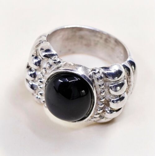 Sz 6.5, Vtg Sterling Silver Handmade Ring, 925 Band W Obsidian N Bali Beads