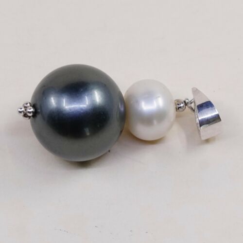 Vintage Sterling Silver Heart Pendant, Solid 925 Silver Black N White Pearl