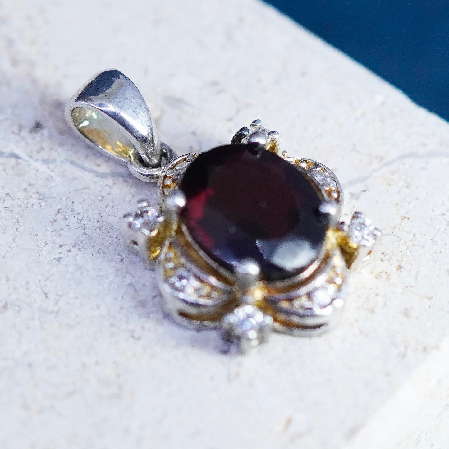 Vintage Sterling 925 silver handmade pendant with ruby and cz