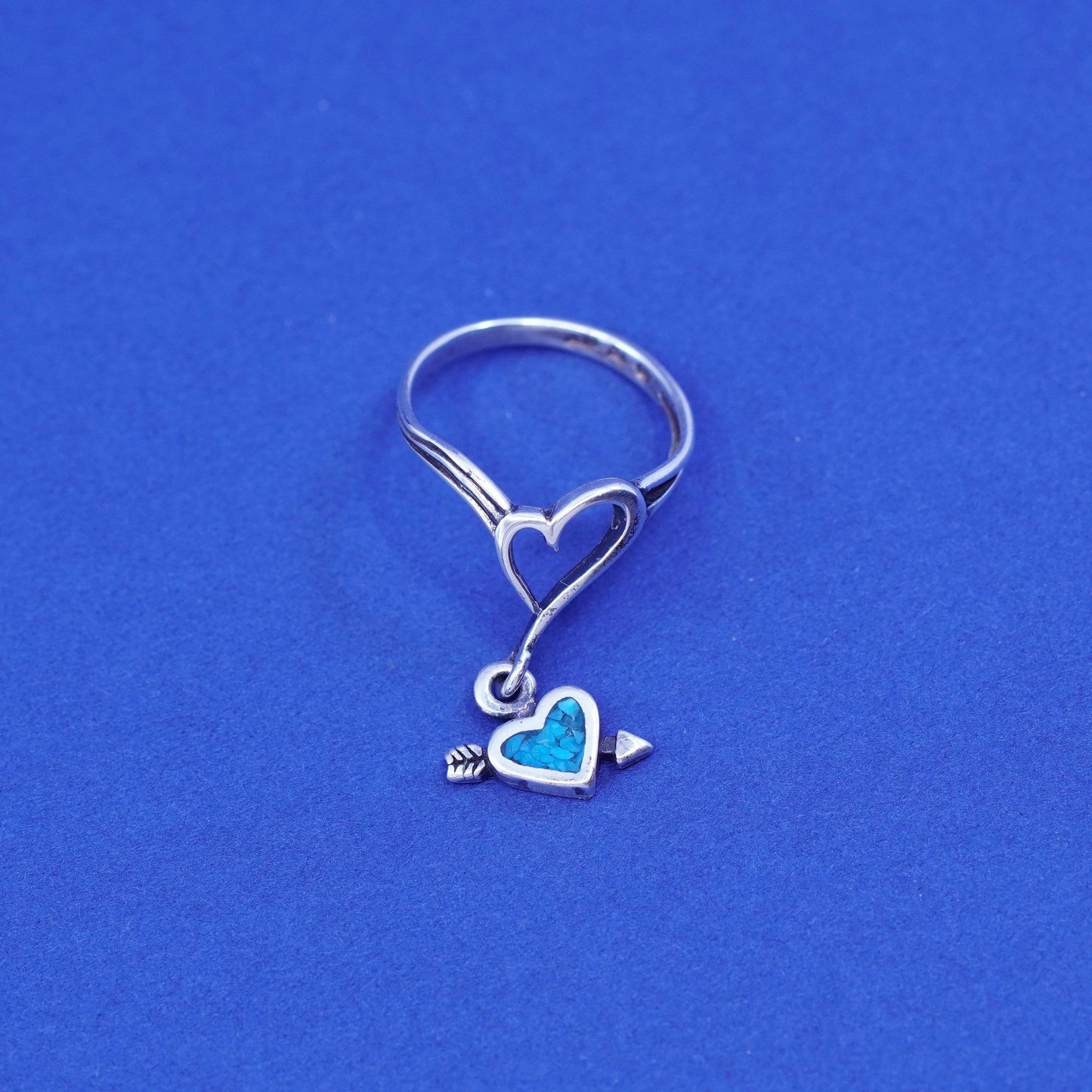 sz 4.75, Native American Sterling 925 silver ring band w/ turquoise heart charm