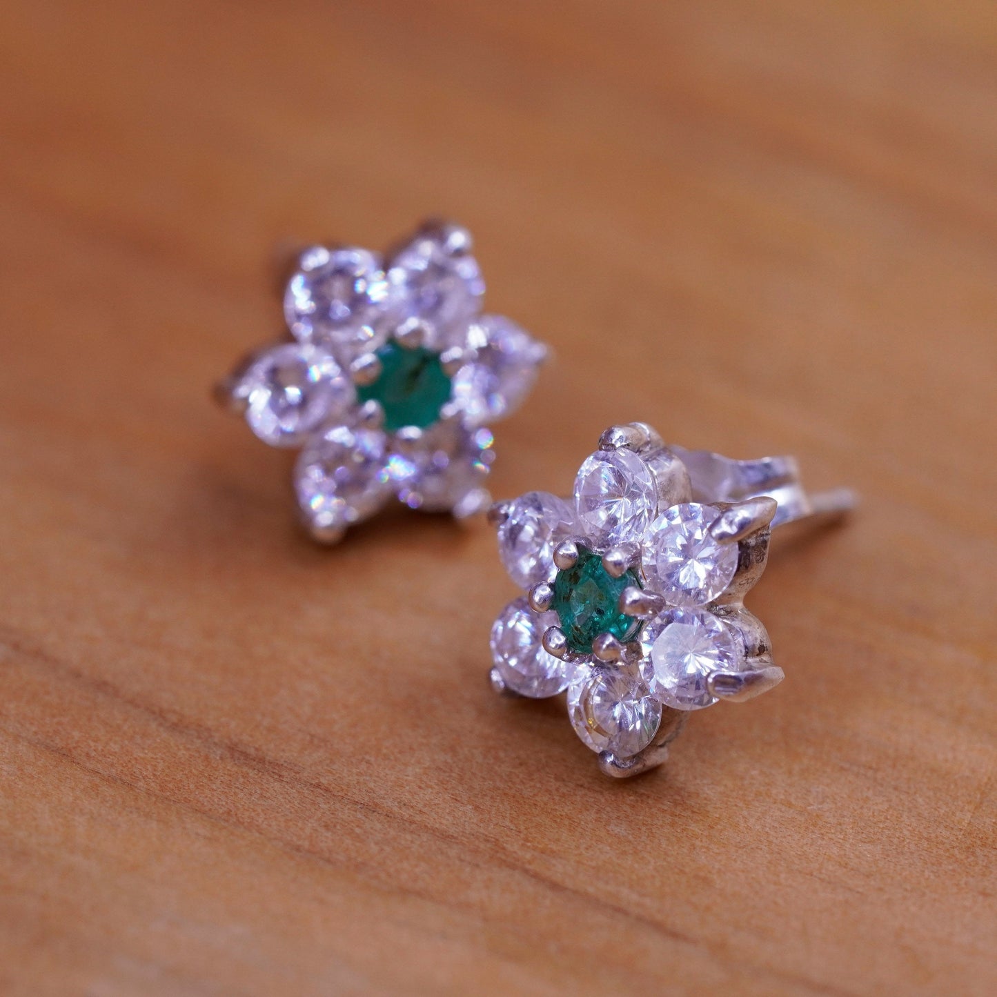 Vintage Vermeil Sterling silver clear flower studs earrings with cz and emerald