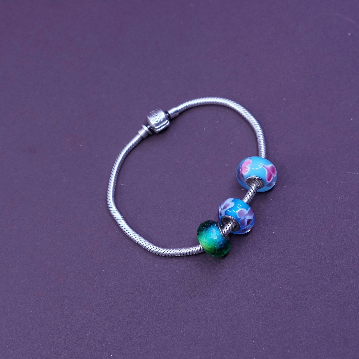 6.5”, sim stars sterling silver bracelet, 925 snake chain w/ Murano glass charm