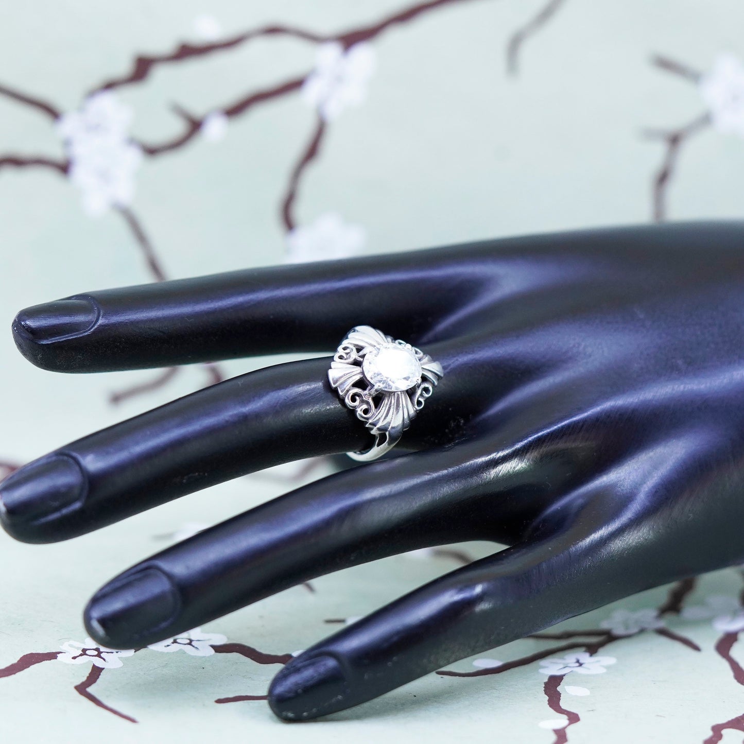 Size 6.25, vintage Kabana 925 silver handmade flower ring with cz