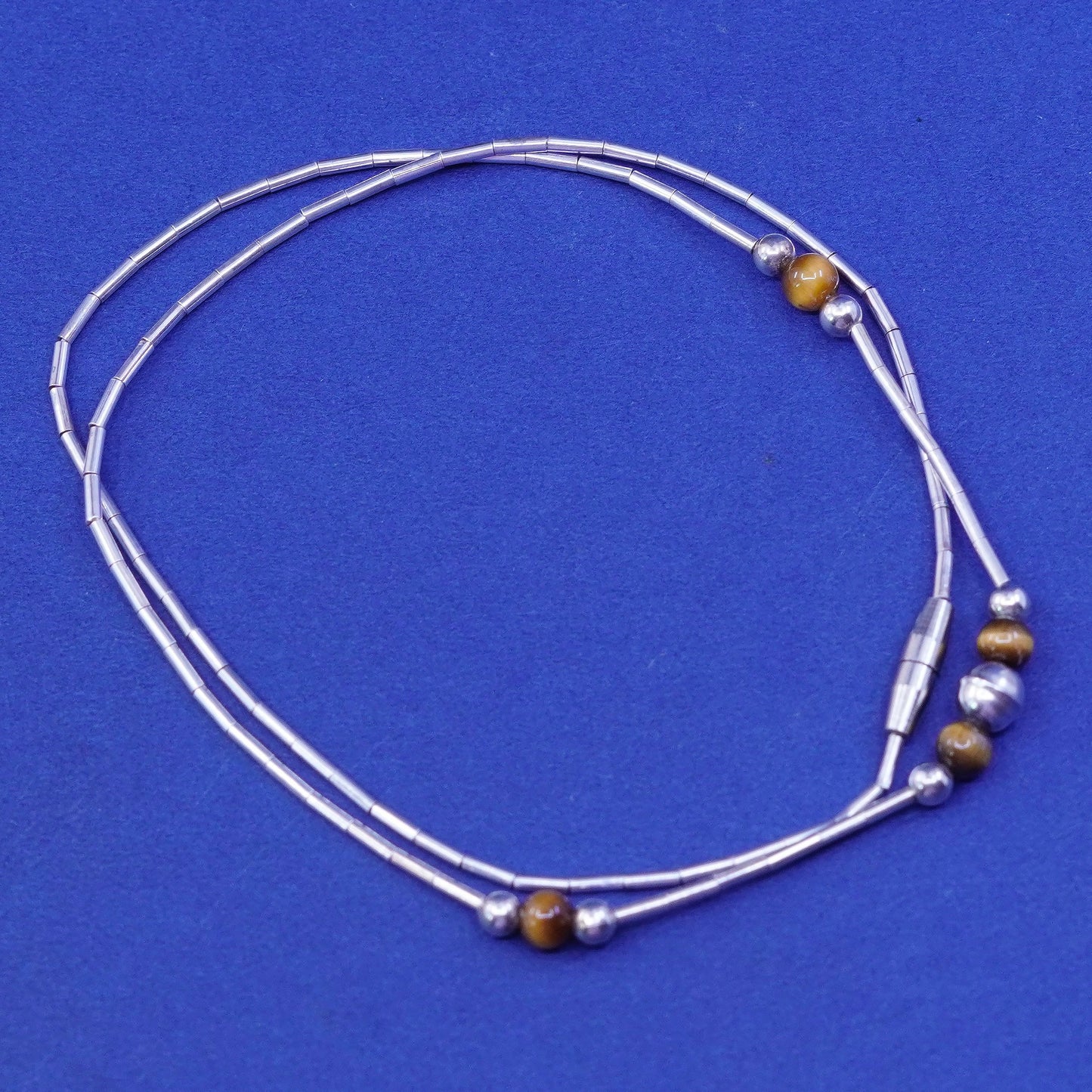 16”, Native American Navajo Sterling 925 liquid silver necklace tiger eye beads