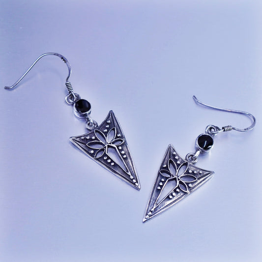 Vintage Sterling 925 silver handmade arrow earrings with black onyx and beads