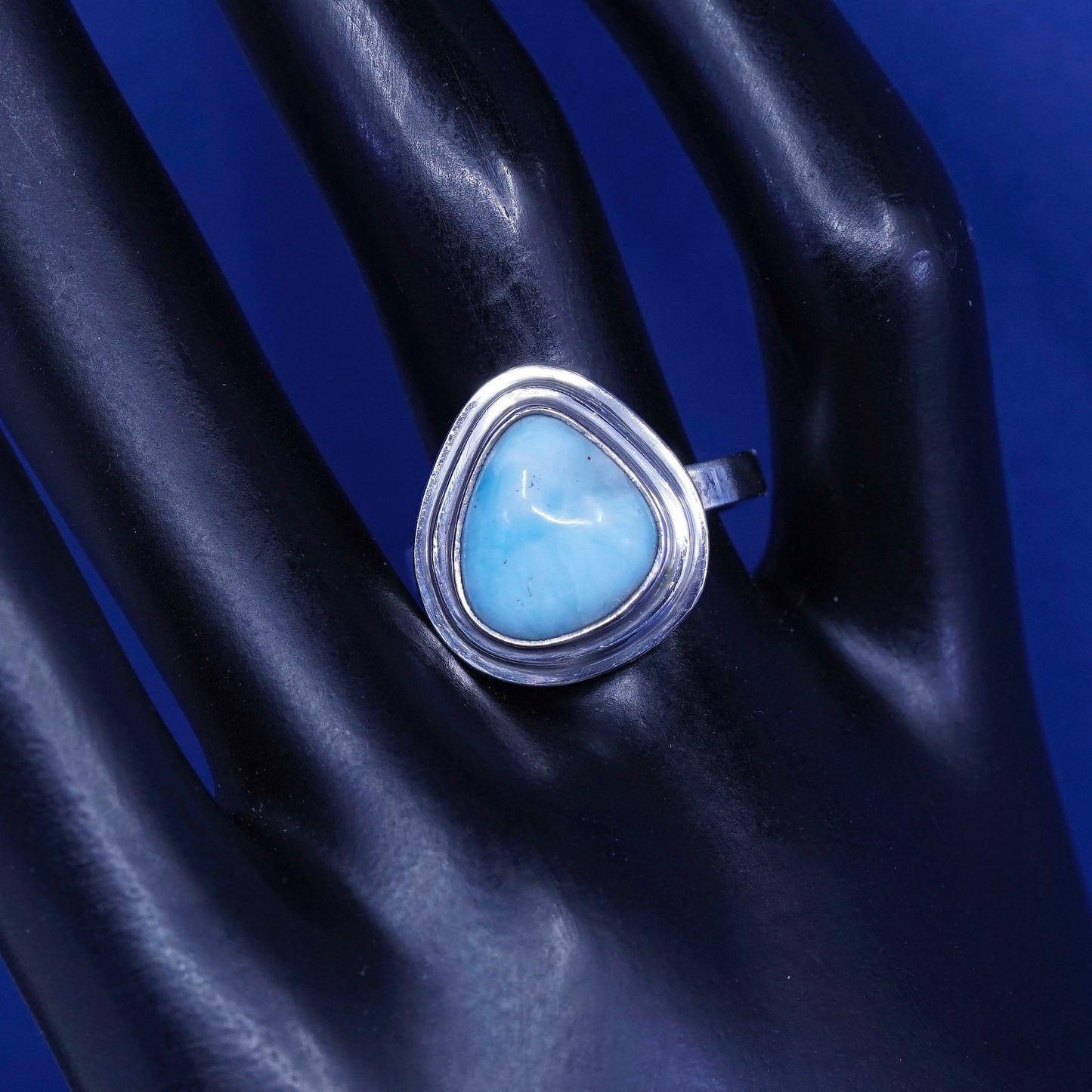 Size 7.75, Vintage sterling 925 silver handmade ring with larimar, stamped 925