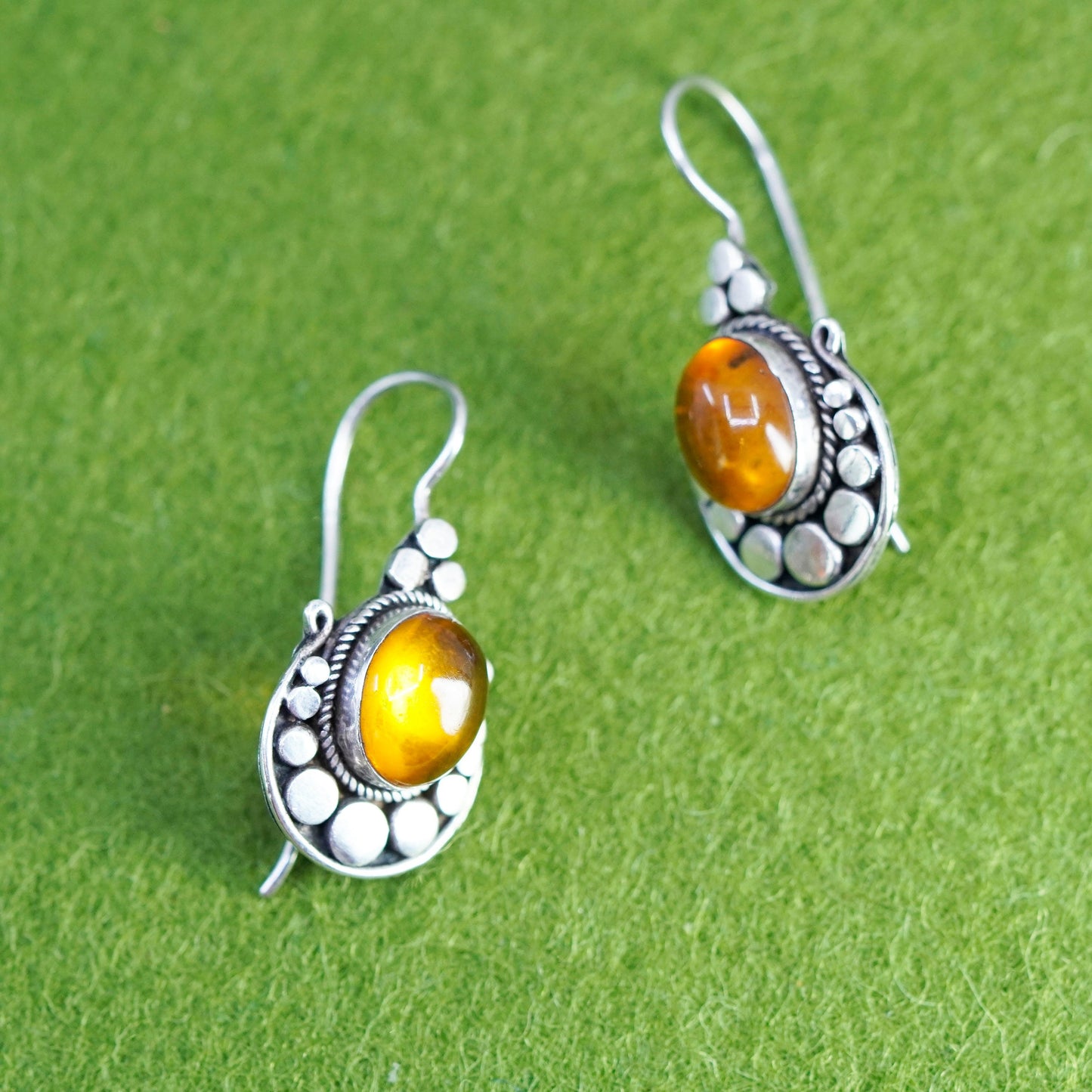 Vintage Sterling 925 silver handmade earrings with amber and beads