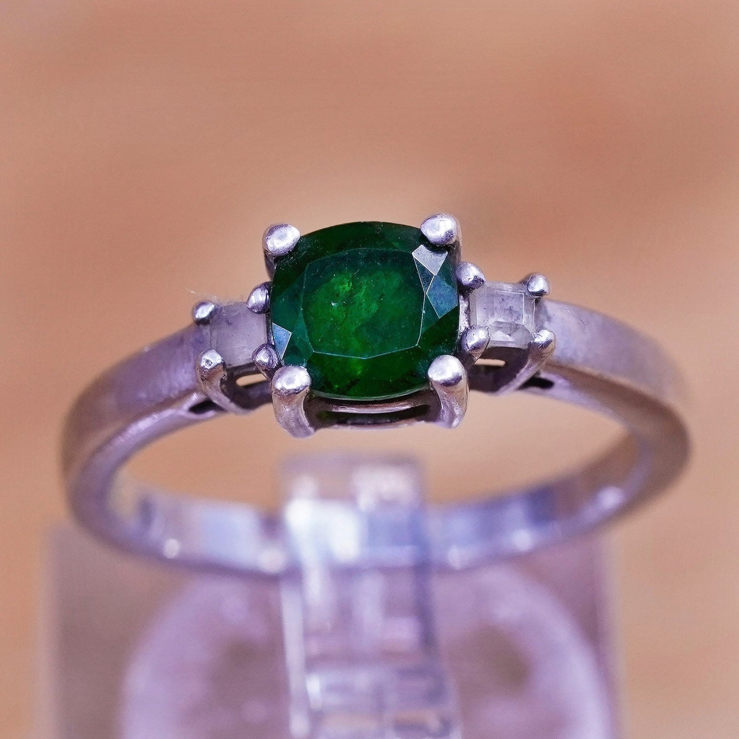 Size 7.25, vintage Sterling 925 silver handmade ring with peridot and cz