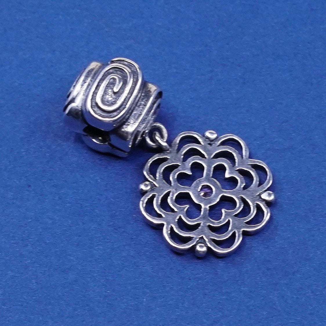 vtg sterling silver handmade pendant, 925 bead charm w/ Flower dangle
