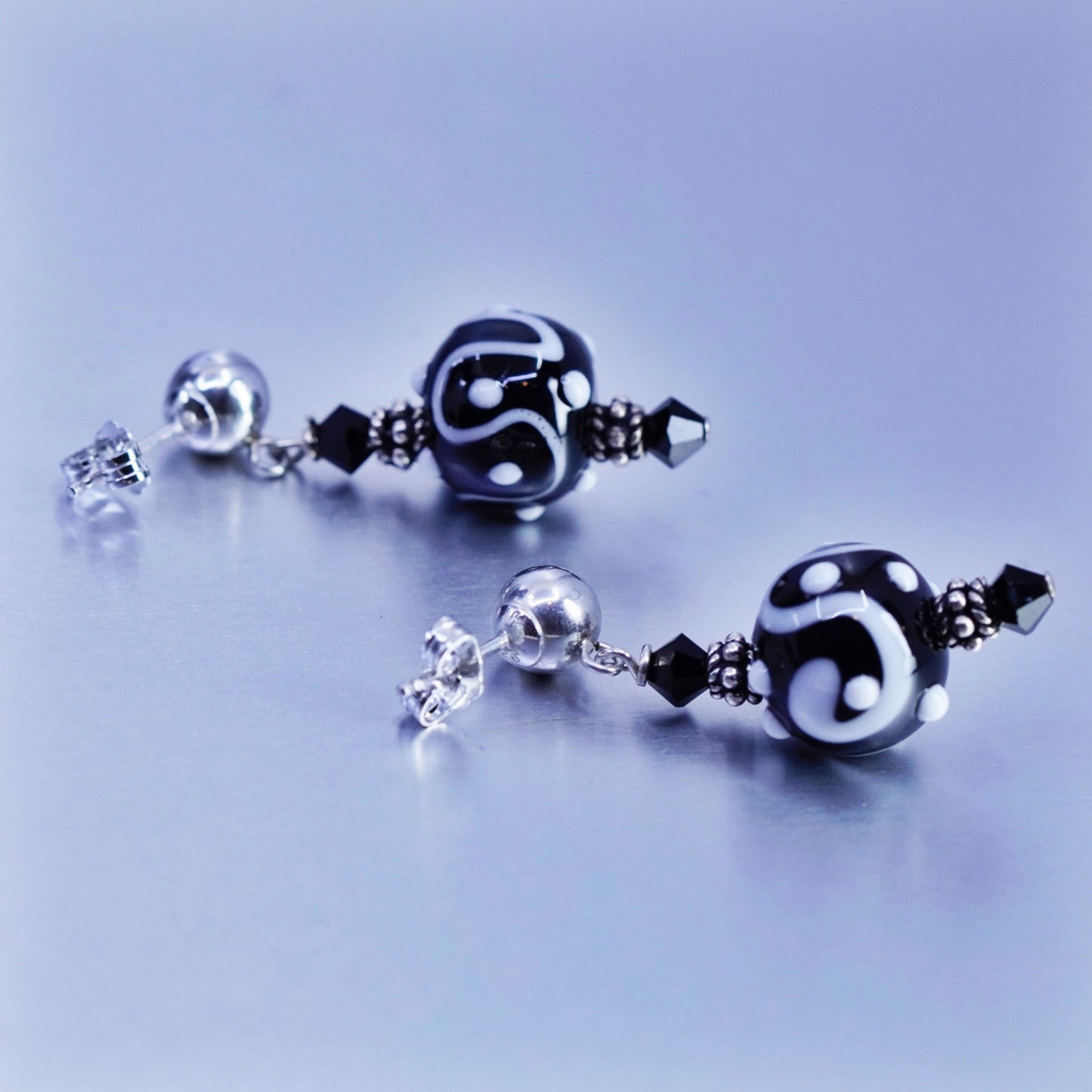 Italian sterling 925 silver earrings, authentic black artisan glass